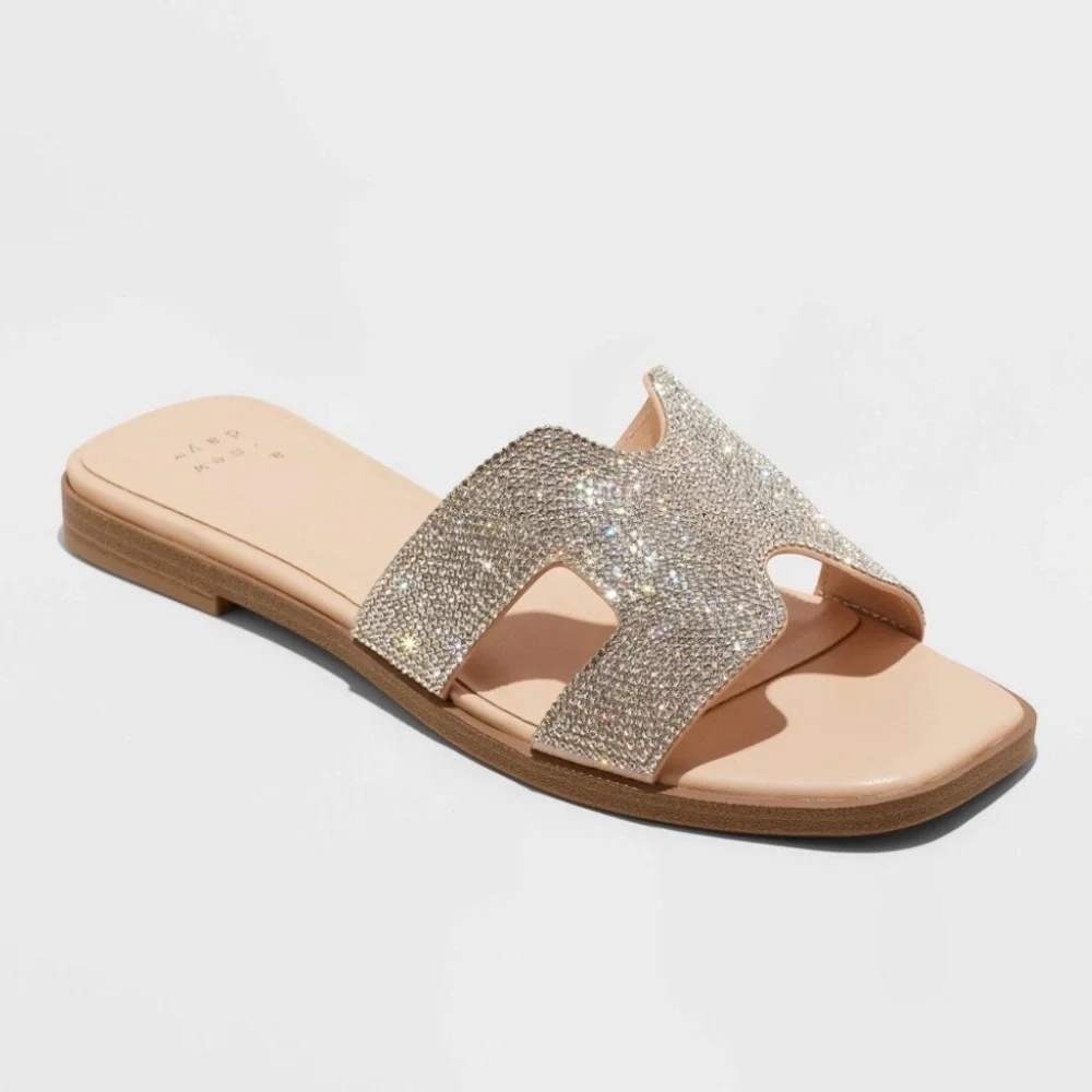 A New Day Nina Rhinestone Flat Sandals Silver Sparkle Slides Size 10 Slip Ons